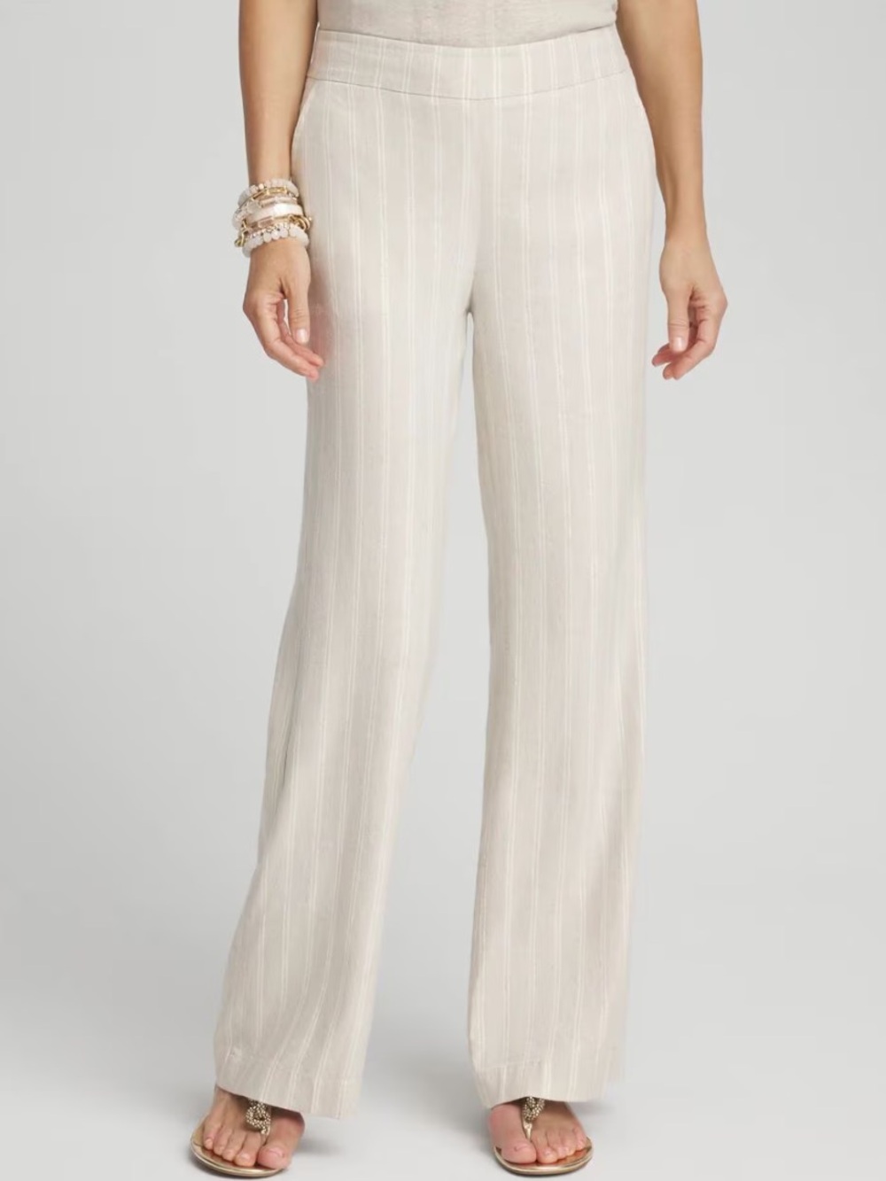 Chico's Linen Blend Wide Flare Leg Pull-On Pants — Cream Stripe 12